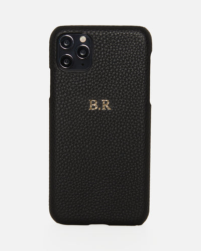 black pebble leather phone case with gold personalisation