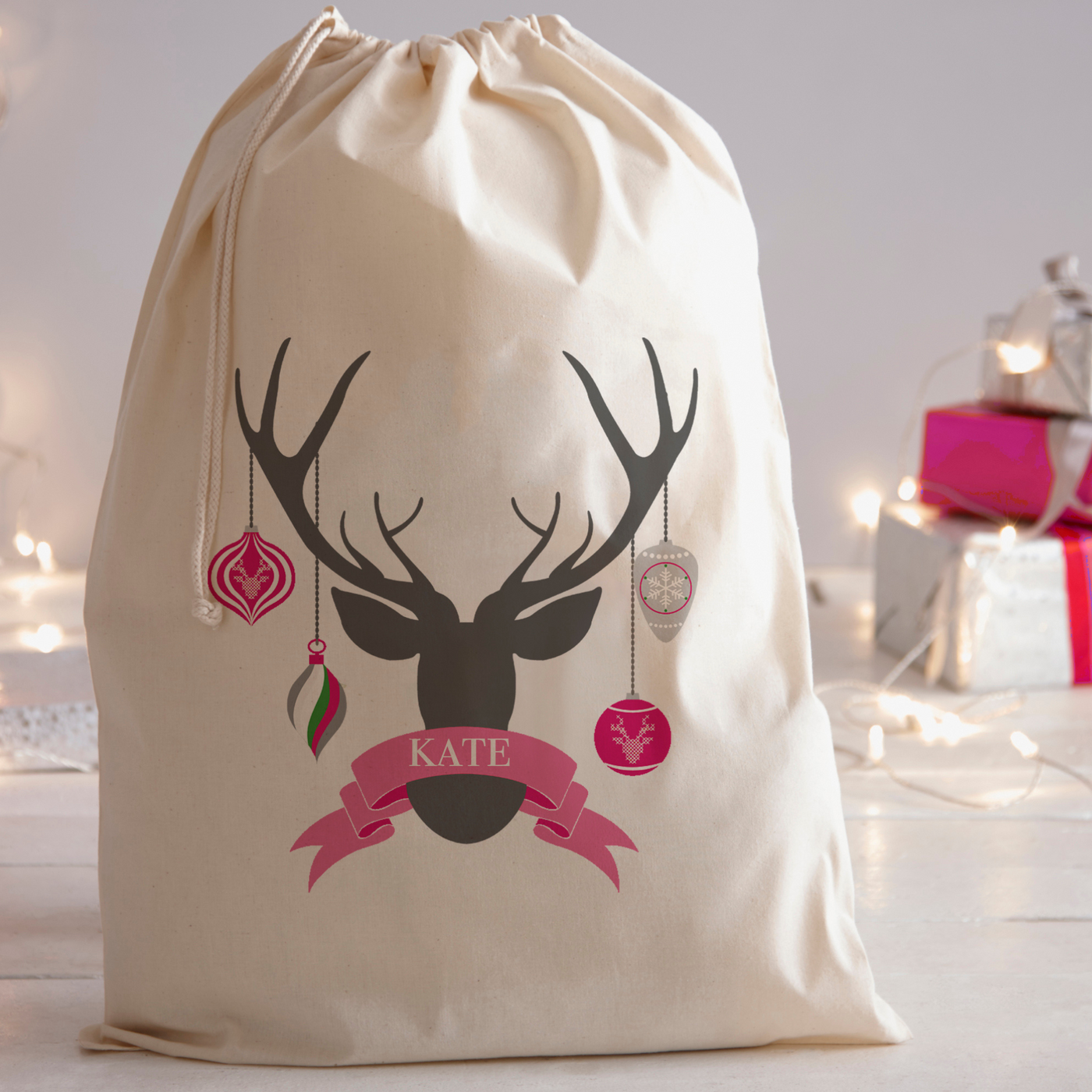 Personalised Santa Sack | Christmas Stag in Pink