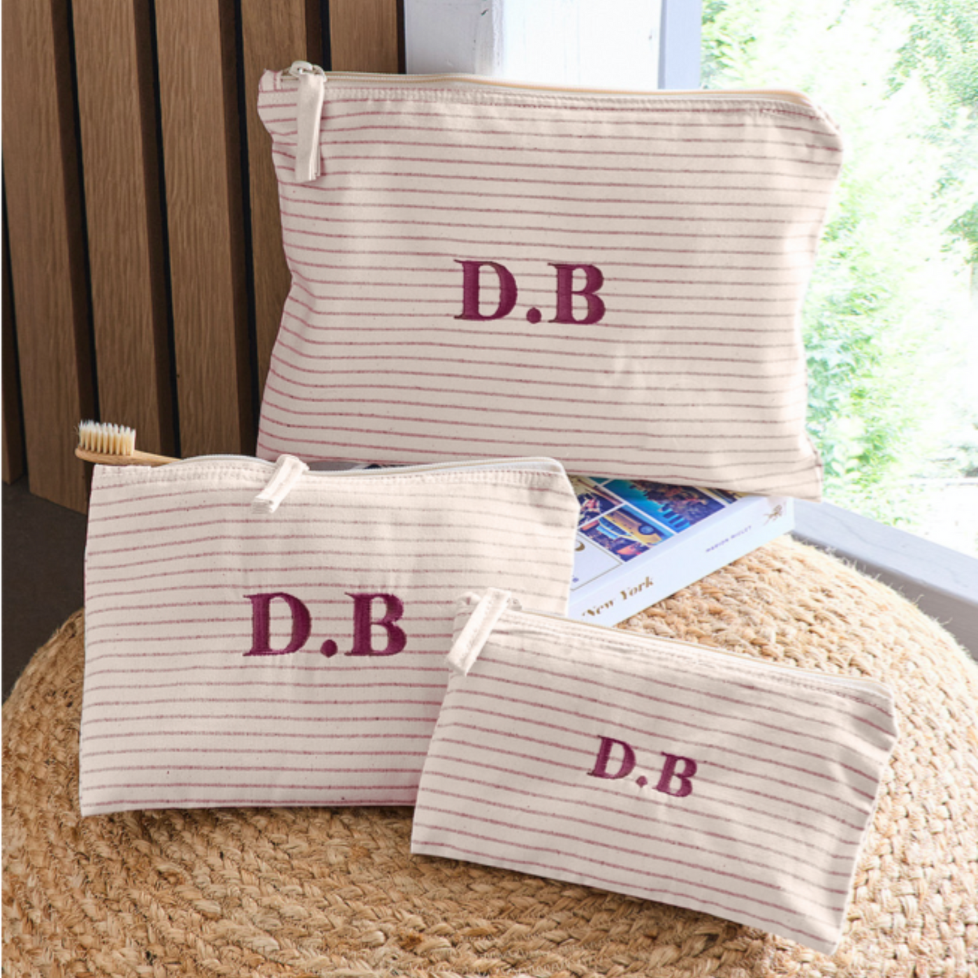 Set of Three Embroidered Striped Pouches | Pink