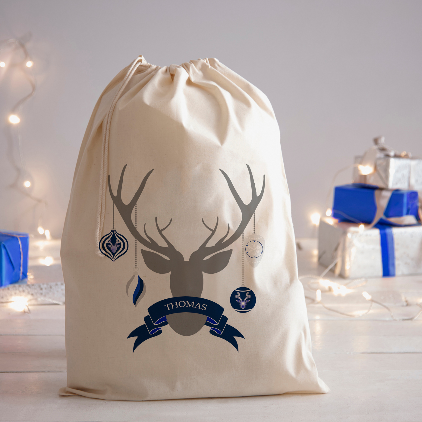 Personalised Santa Sack | Christmas Stag in Blue