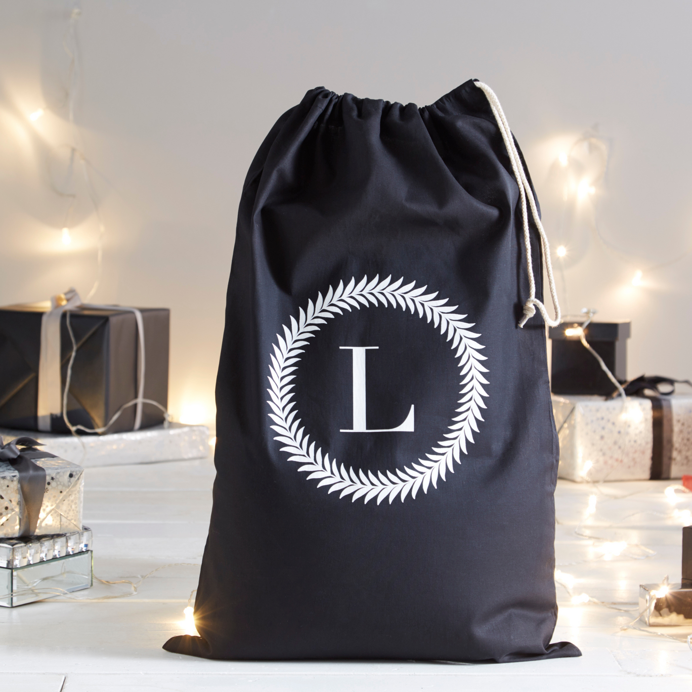 Personalised Santa Sack | Monochrome Wreath