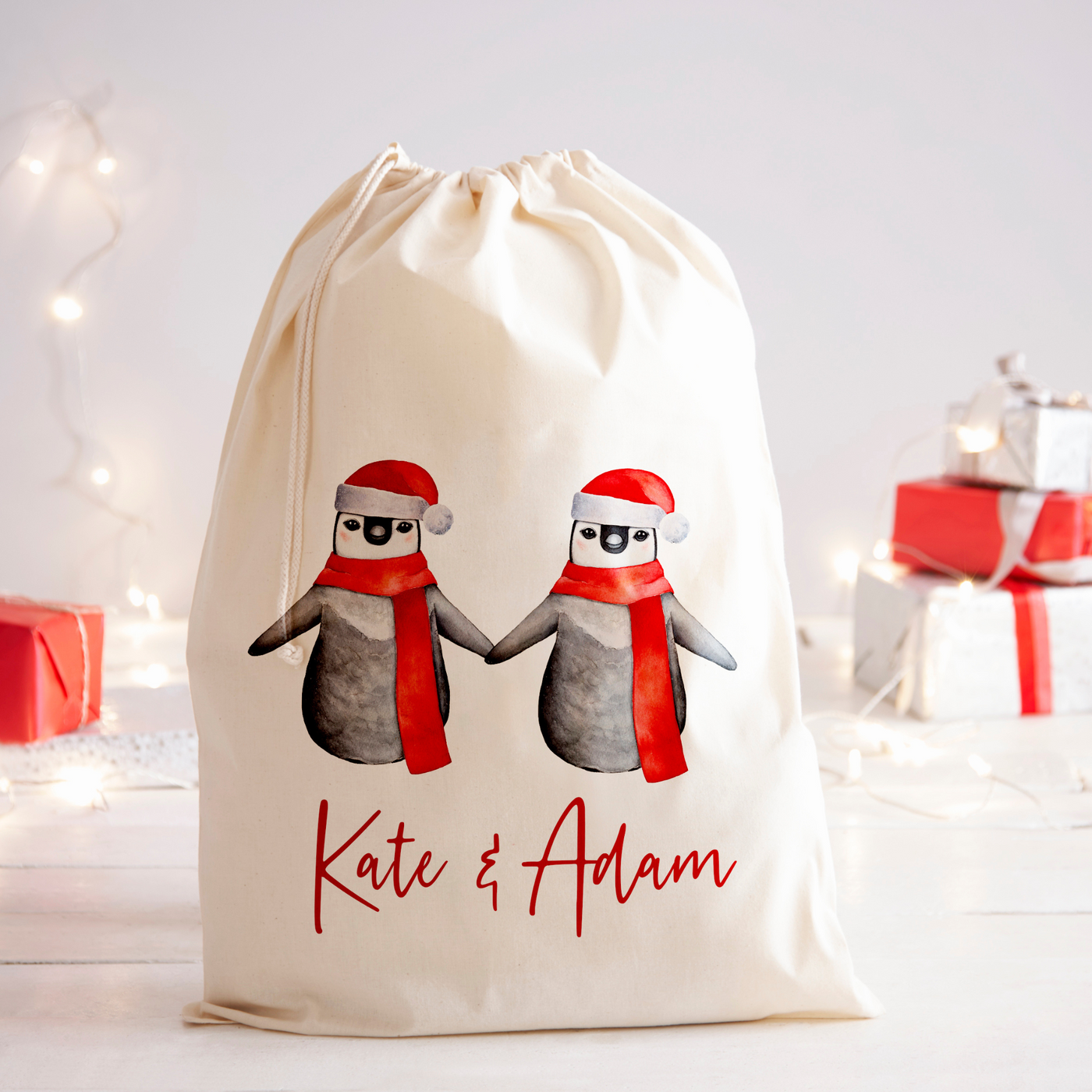 Personalised Santa Sack | Couples Penguin