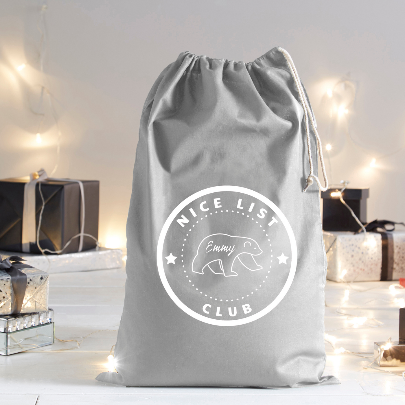 Personalised Santa Sack | Nice List Club in Grey