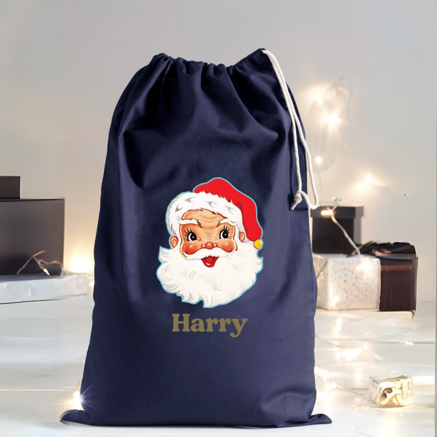 Personalised Santa Sack | Retro Santa in Navy