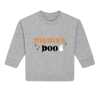 Gray sweatshirt with 'mama's boo' text and ghost graphic on a white background