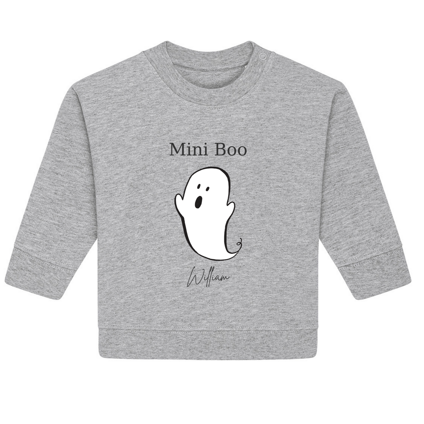 Gray sweatshirt with ghost graphic and 'Mini Boo' text on a white background