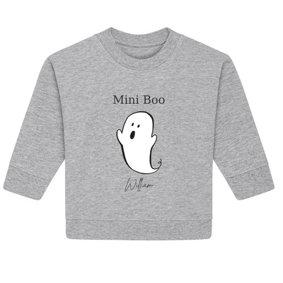 Gray sweatshirt with ghost graphic and 'Mini Boo' text on a white background