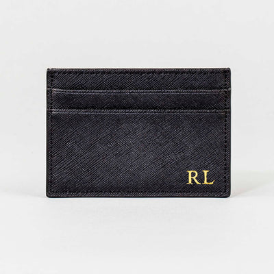 black saffiano leather card holder embossed with initials