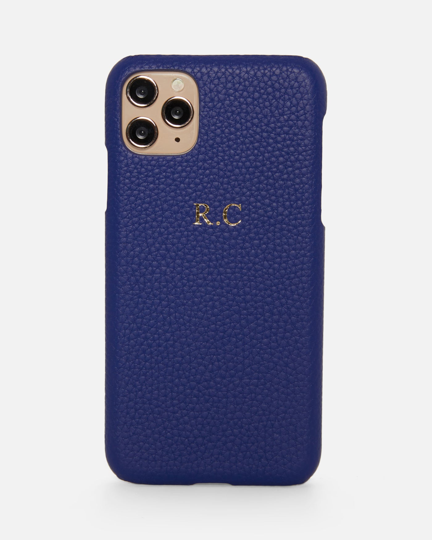 blue pebble leather phone case with gold personalisation