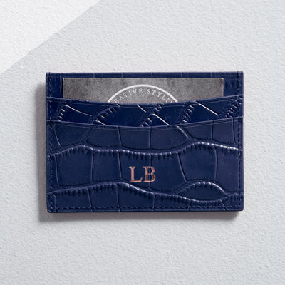 navy blue mock croc card holder with gold personalisation