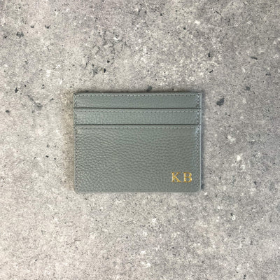 grey pebble leather card holder embossed with initials