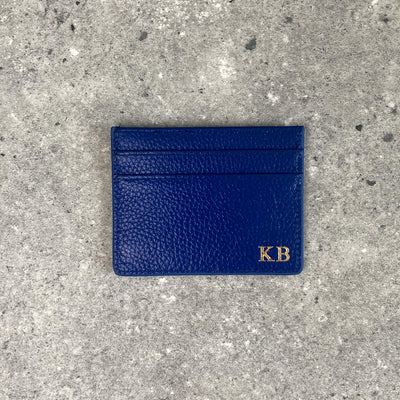 Lapis blue pebble leather card holder embossed with initials