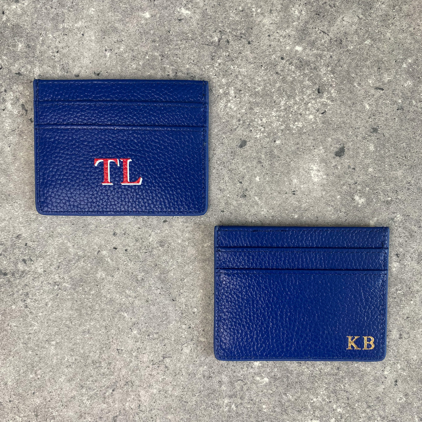 Lapis blue pebble leather card holder embossed with initials