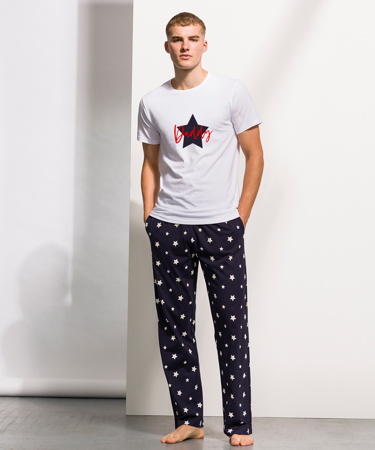 Mens personalised Christmas pyjamas in navy and white
