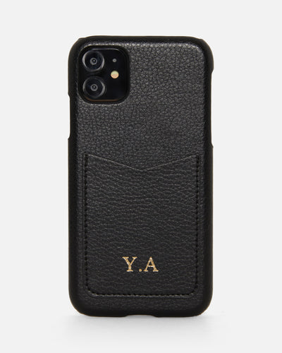 Black pebble leather pocket phone case with gold embossed