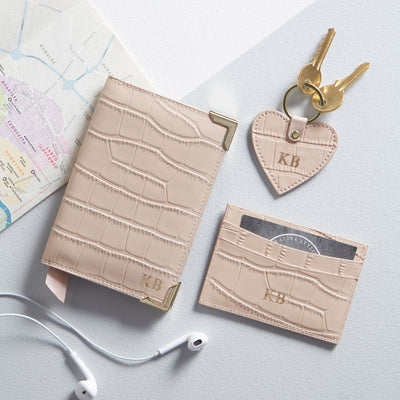 bespoke leather travel set: passport holder, card holder and keyring personalised