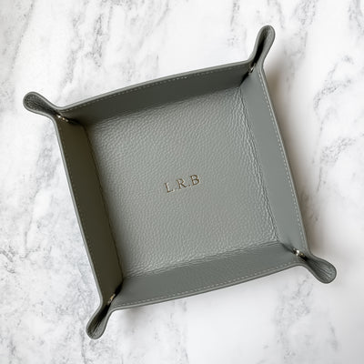 personalised grey leather desk tray on a marble background