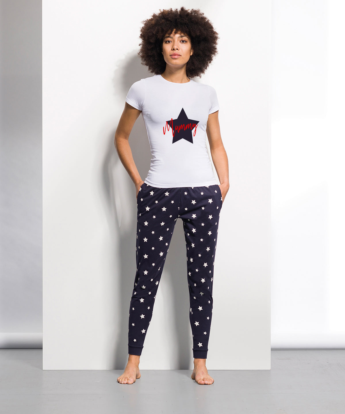 Women's personalised Christmas pyjamas in navy and white