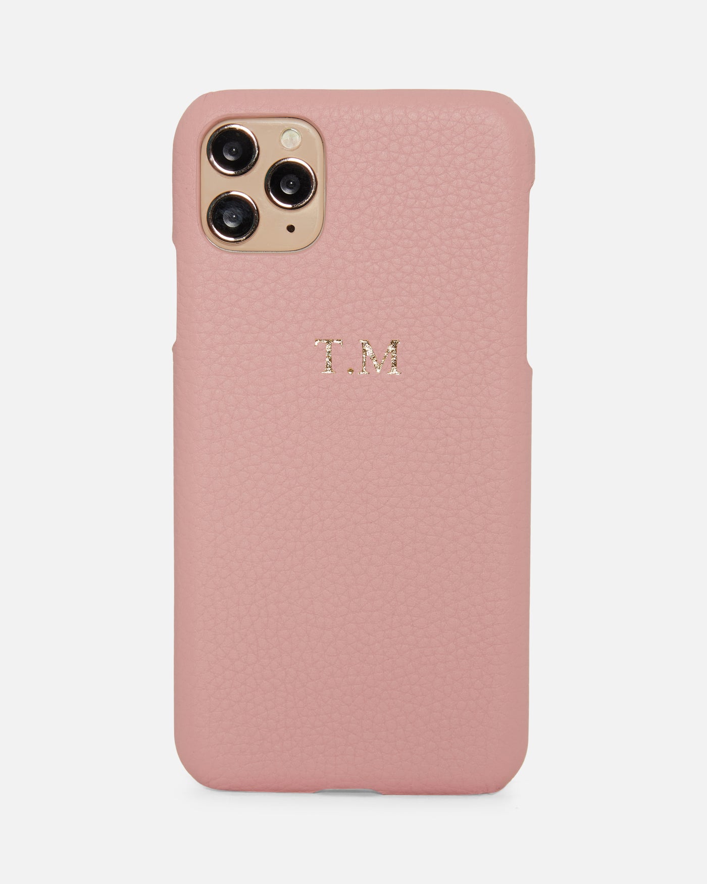 pink pebble leather phone case with gold personalisation