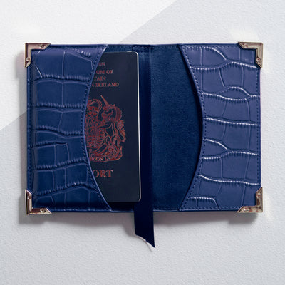 inside of a navy blue passport holder