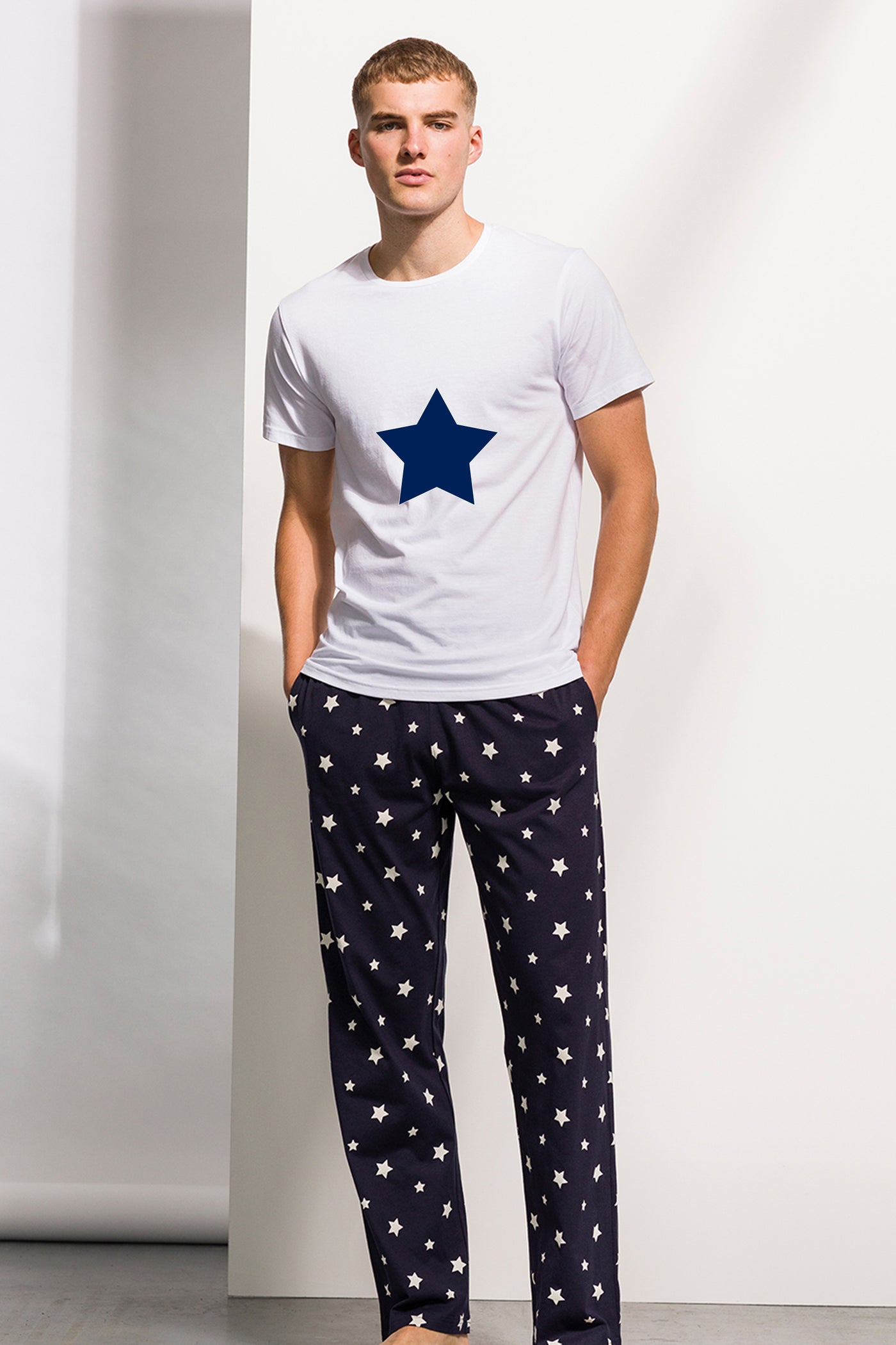 Mens personalised Christmas pyjamas in navy and white