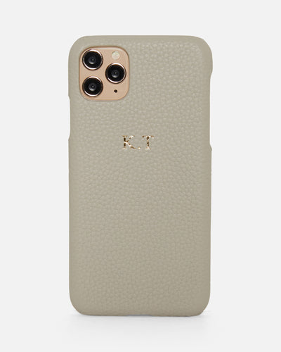 grey pebble leather phone case with gold personalisation