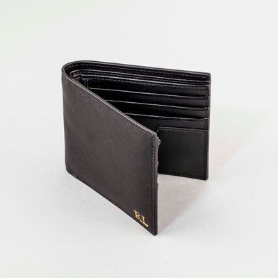 mens saffiano wallet embossed with gold initials