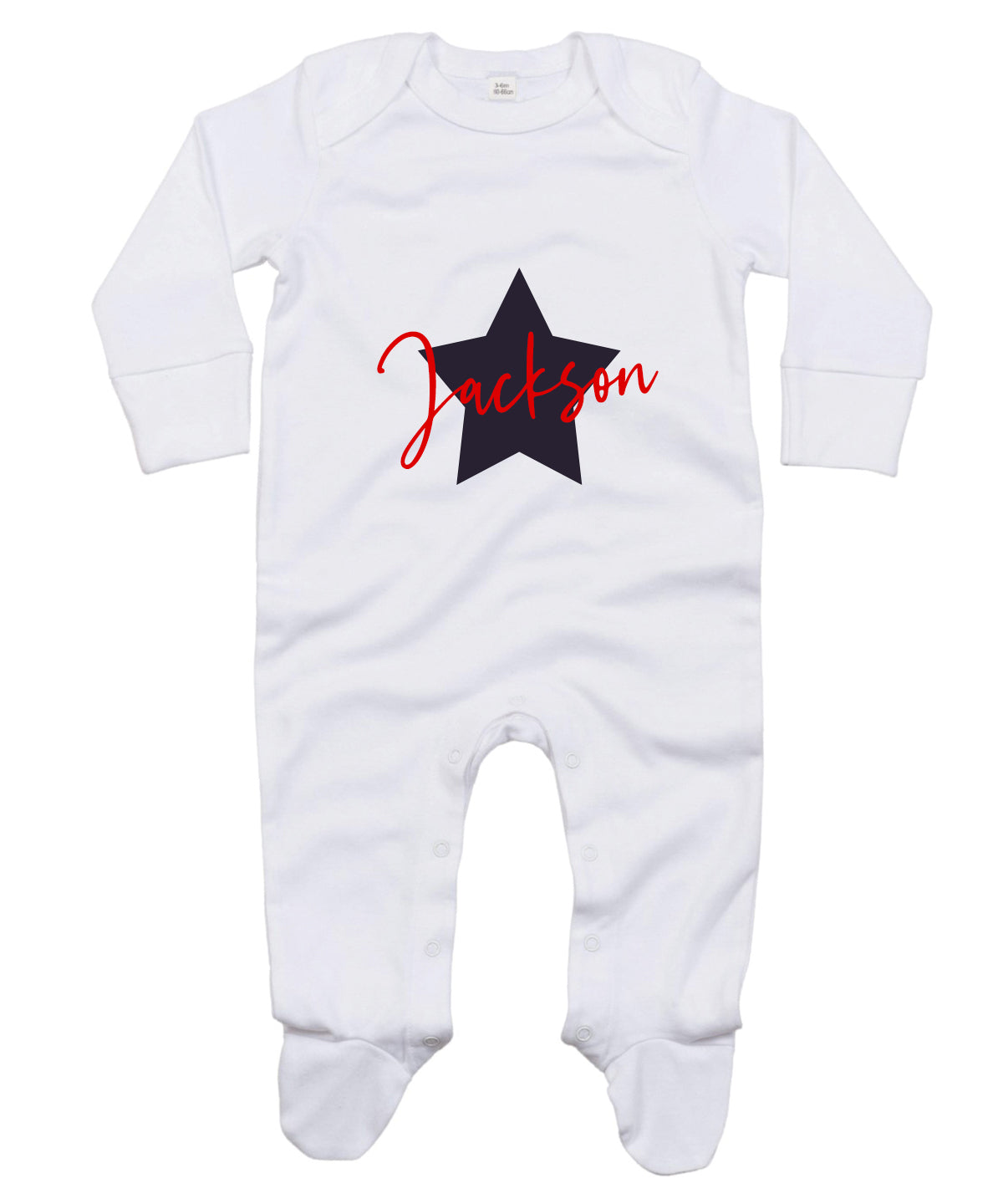 personalised baby grow white with navy star and red writing