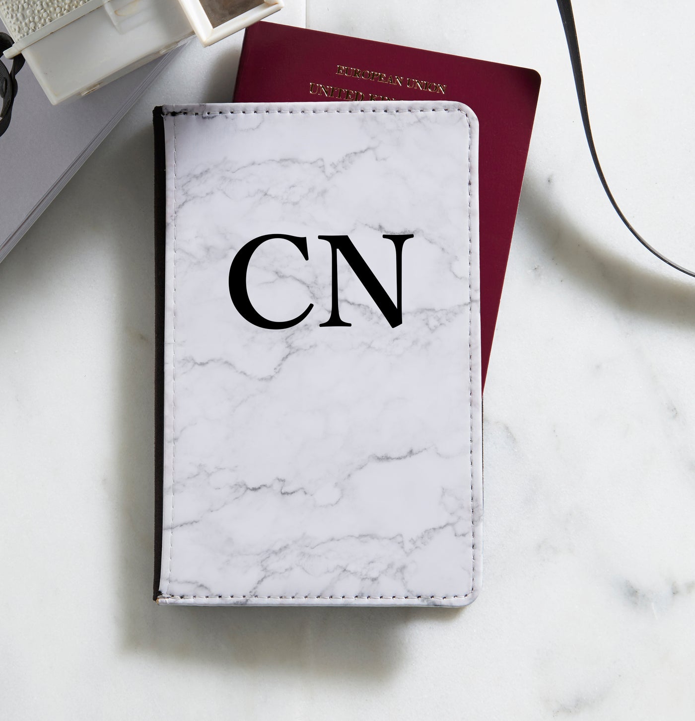 Personalised Passport Holder | White Marble with Black Initials