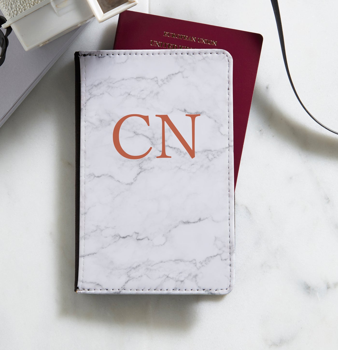 Personalised Passport Holder | White Marble with Caramel Initials