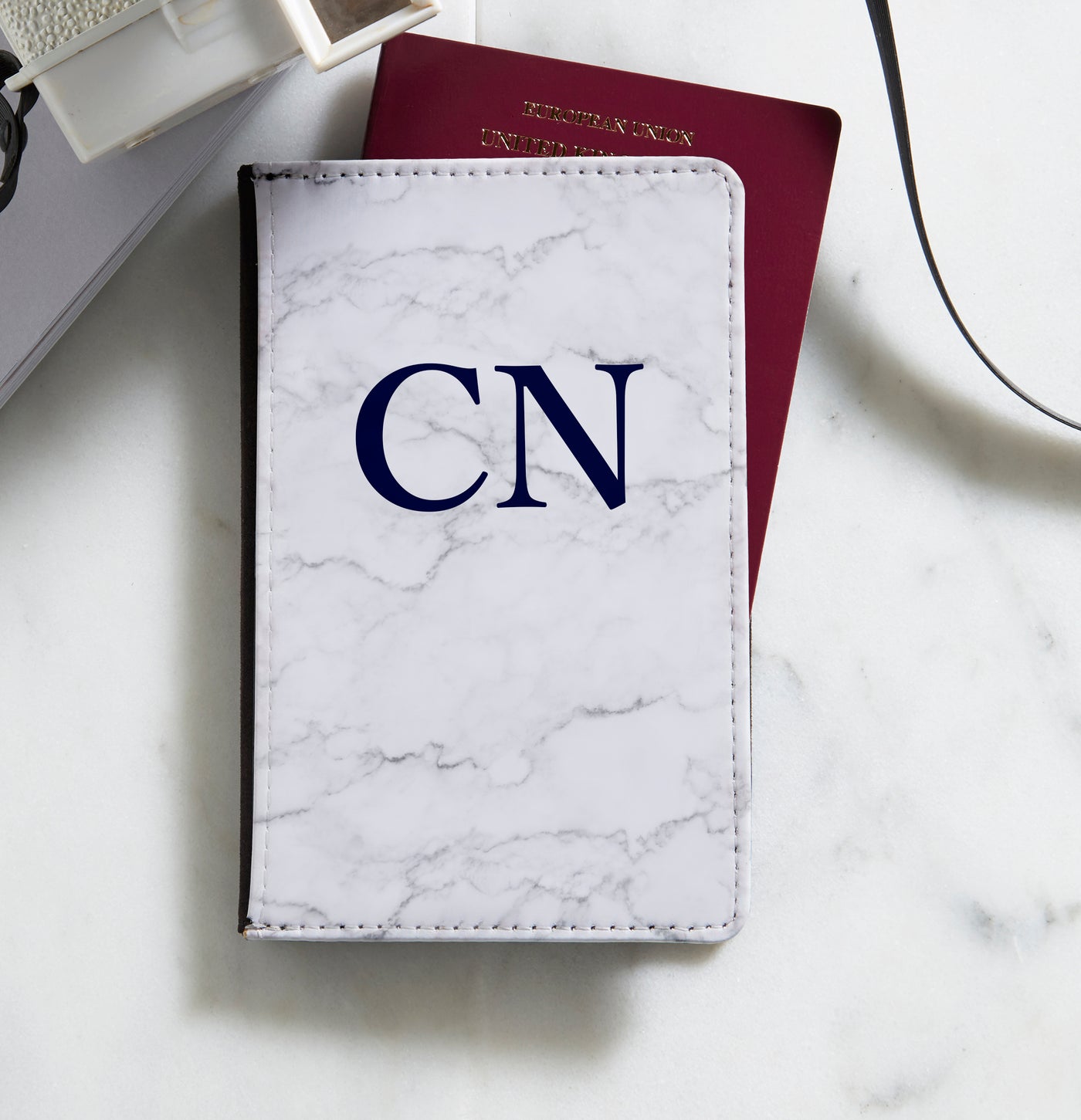 Personalised Passport Holder | White Marble with Navy Initials