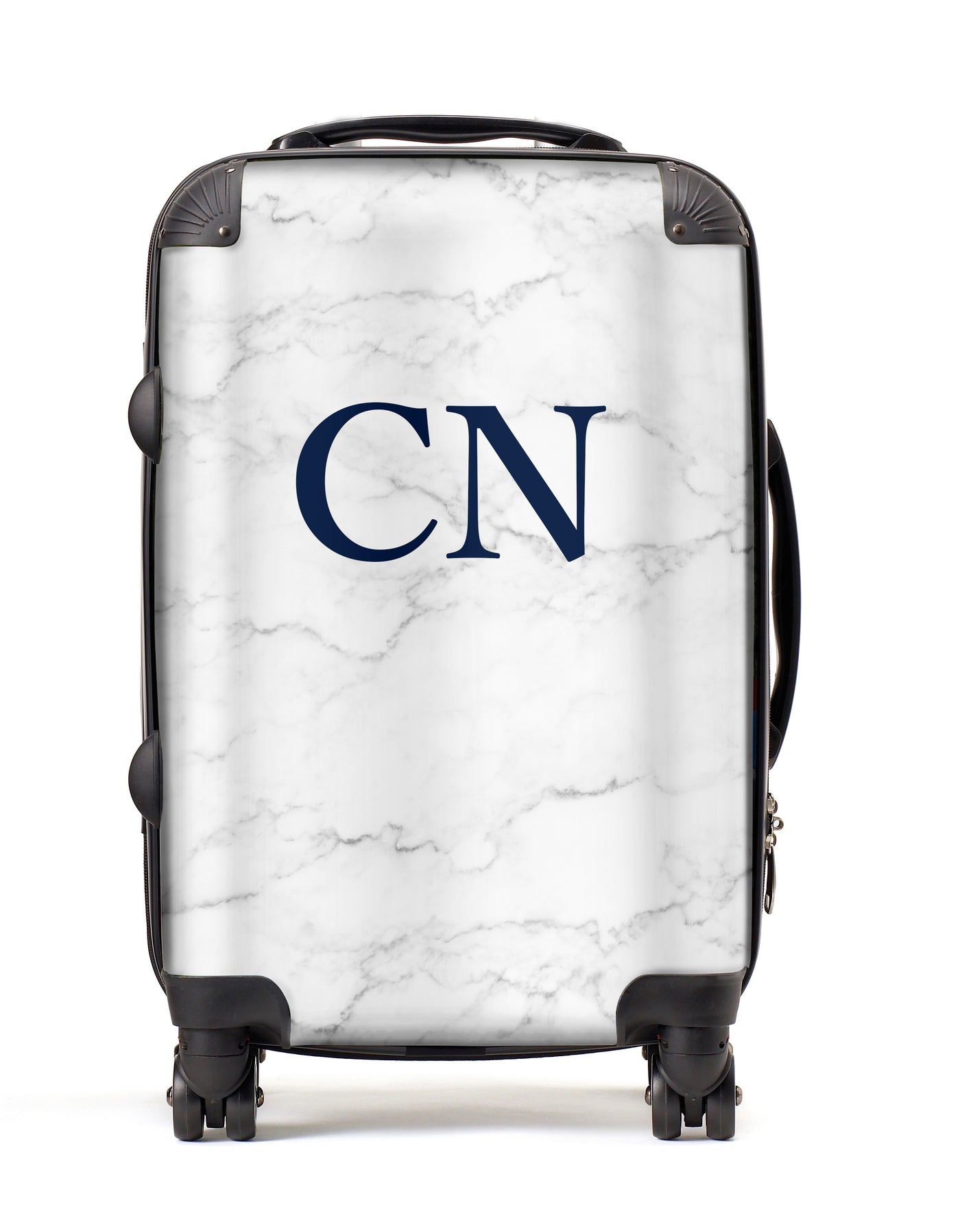 Personalised Suitcase | White Marble with Navy Monogram