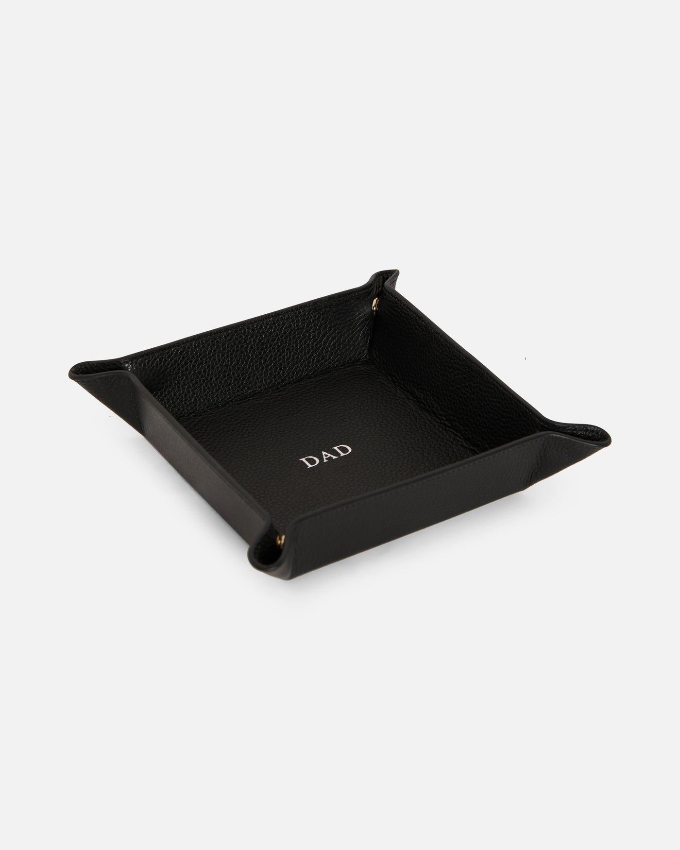 Black valet tray with gold embossed font