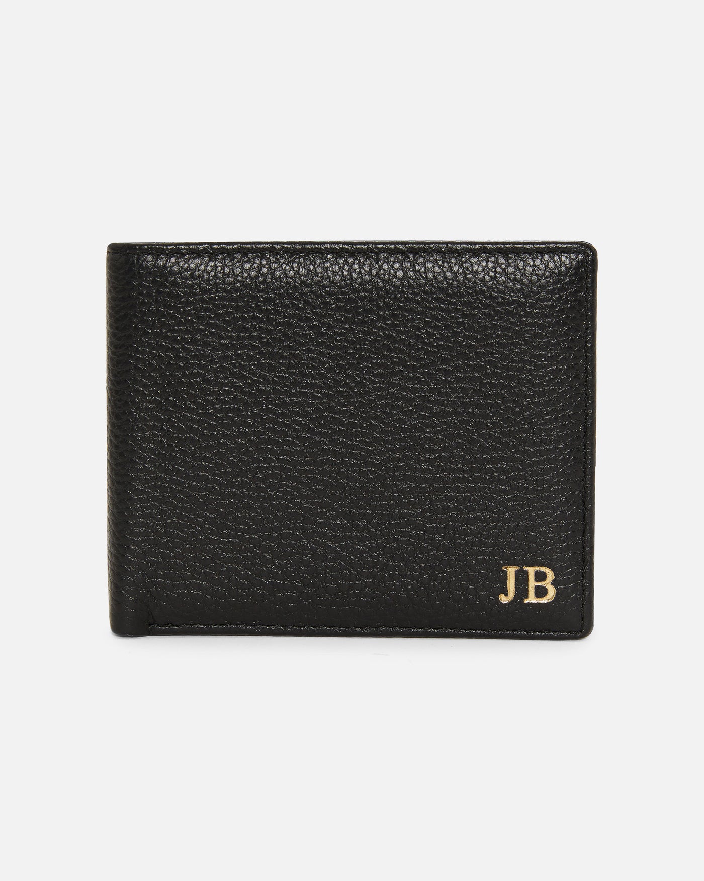 black pebble leather wallet embossed with gold initials
