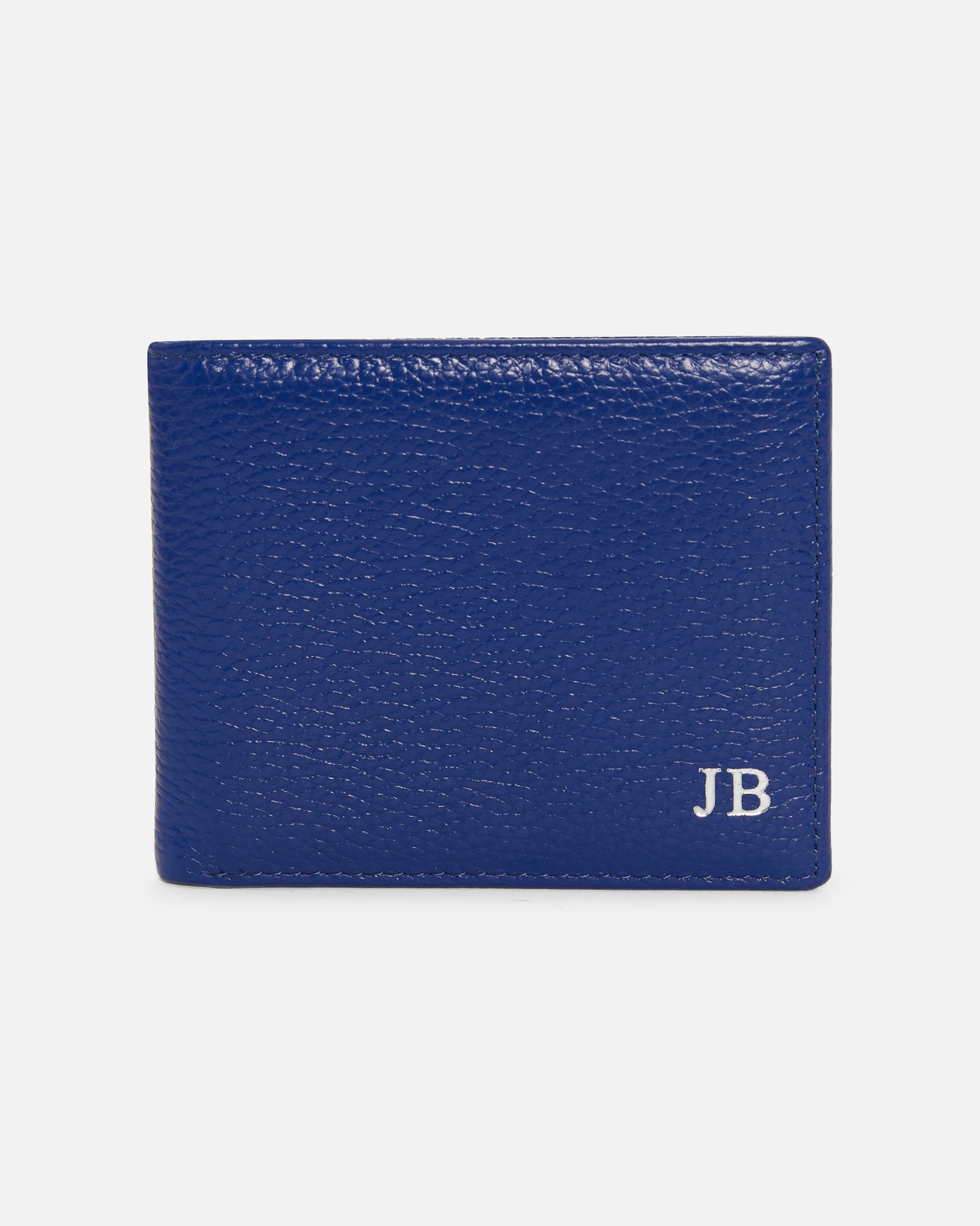 blue pebble leather wallet embossed with gold initials