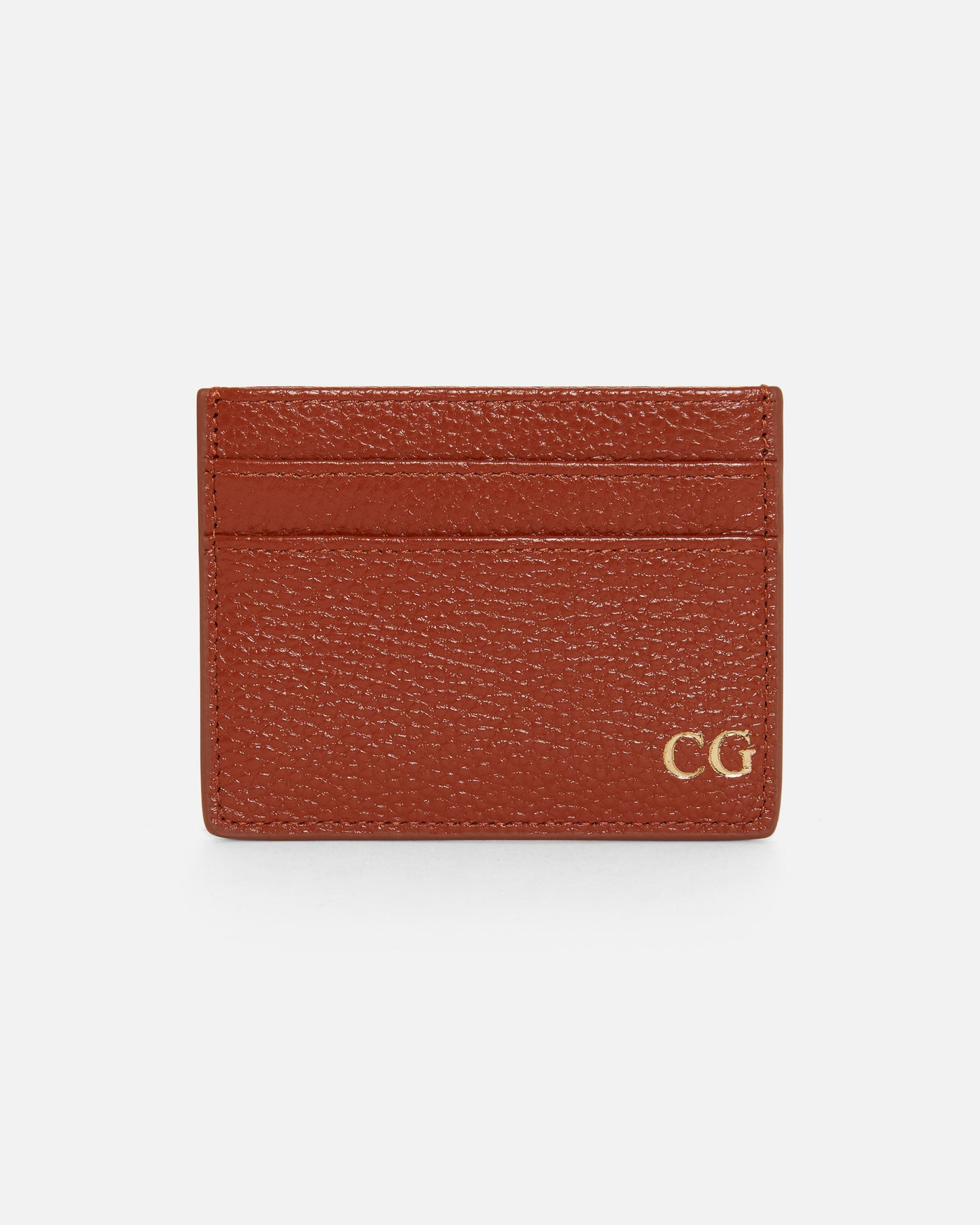 tan pebble leather card holder embossed with initials