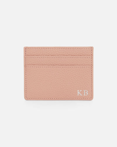 nude pebble leather card holder embossed with initials