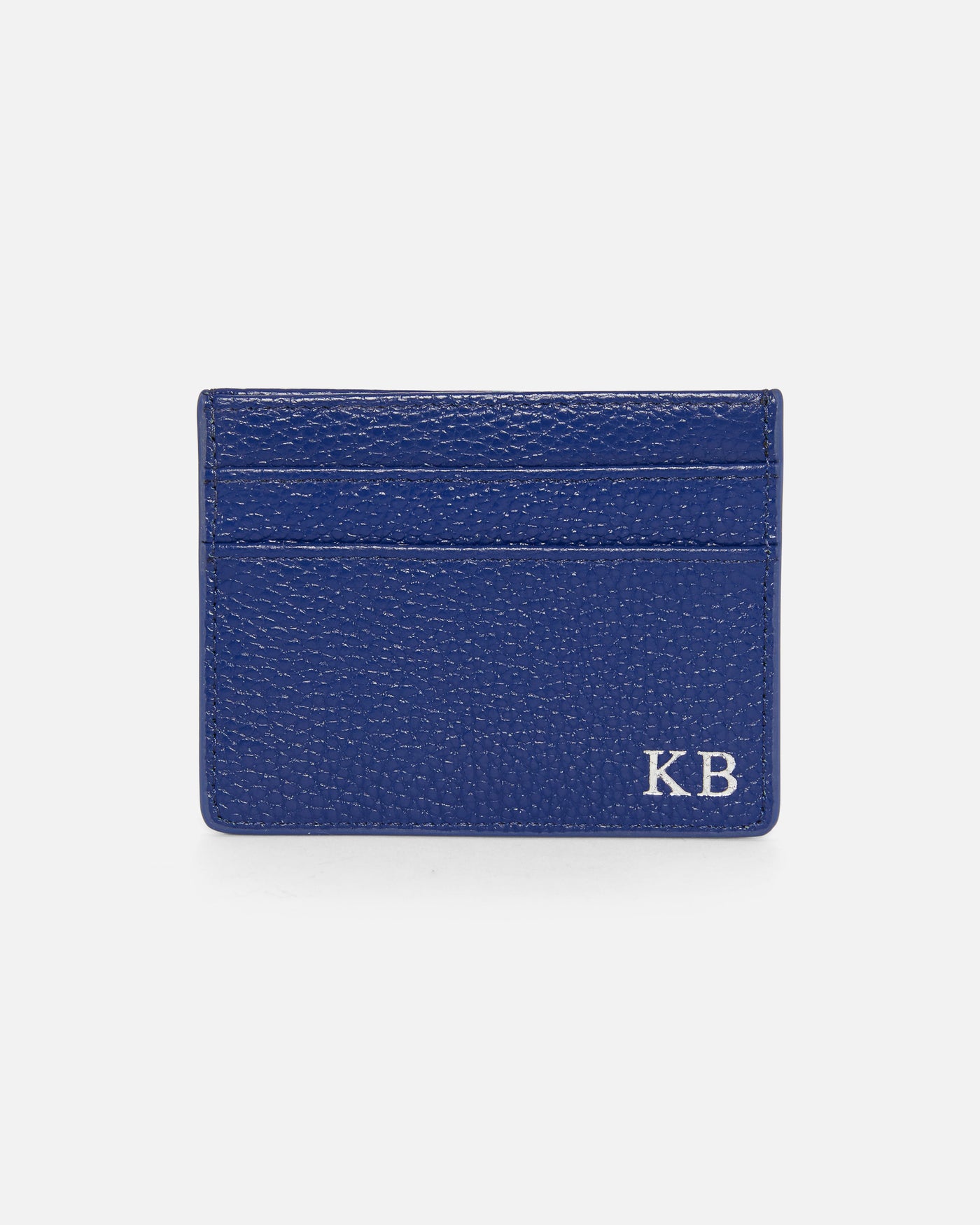 blue pebble leather card holder embossed with initials