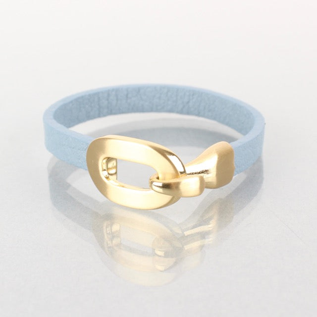 Blue leather bracelet with gold clasp